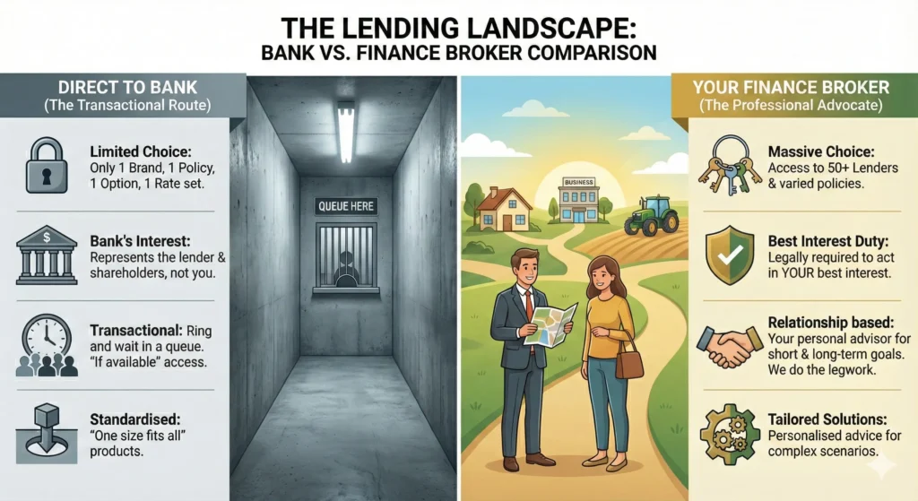 Infographic comparing Bank vs Finance Broker, highlighting Hardie Finance Group's access to 50+ lenders and client-first approach.